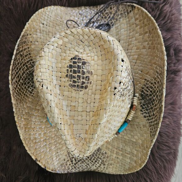 STRAW COWBOY HAT Turquoise Bead Trim One Size Fits All - Picture 7 of 8